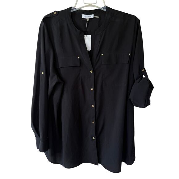 Calvin Klein Tops - Calvin Kline Black Gold Buttons Buttondown Roll tab sleeves shirt
